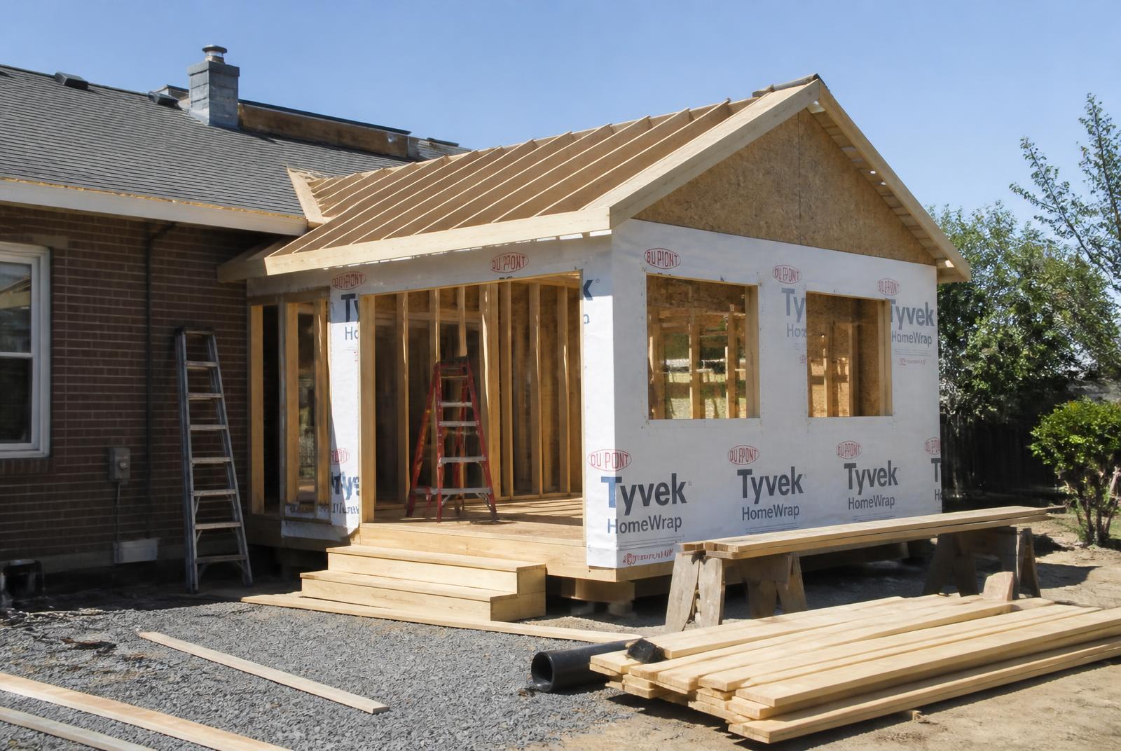 New room addition framed, roofed and wrapped
